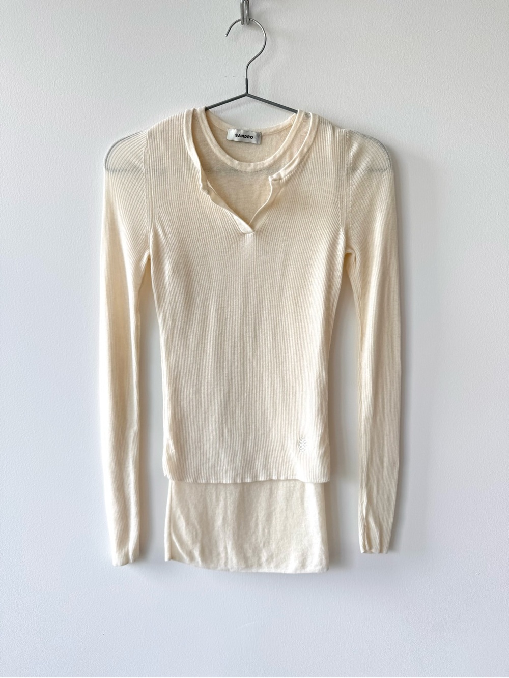 Sandro Layered Long Sleeve Ribbed Henley Ivory Knit - Size 1
